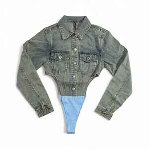 NWT PrettyLittleThing Light Blue Denim Jacket Bodysuit Cutout Size 0